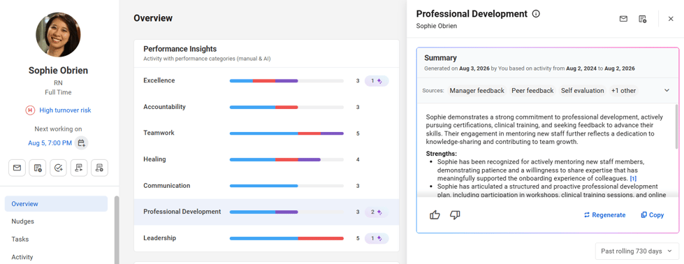 Performance Insights gives leaders dynamic visibility into employee performance in the specific areas your organization prioritizes and generates Al-based summaries for richer insights and faster reviews.