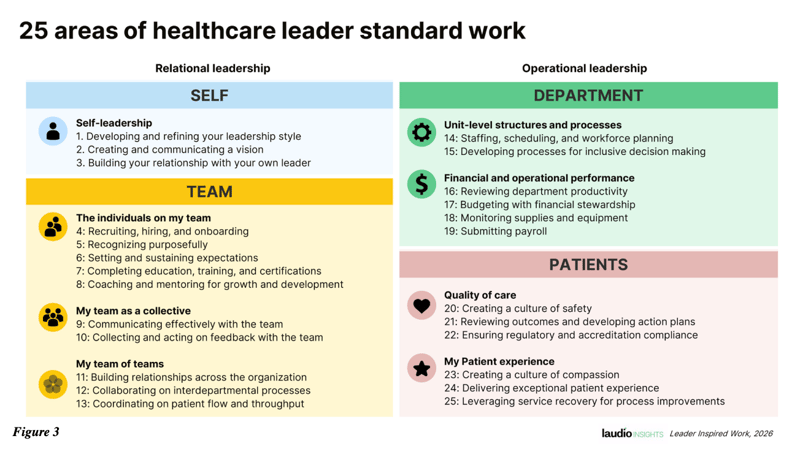 Diagram showing 25 key areas of leader standard work in healthcare organizations